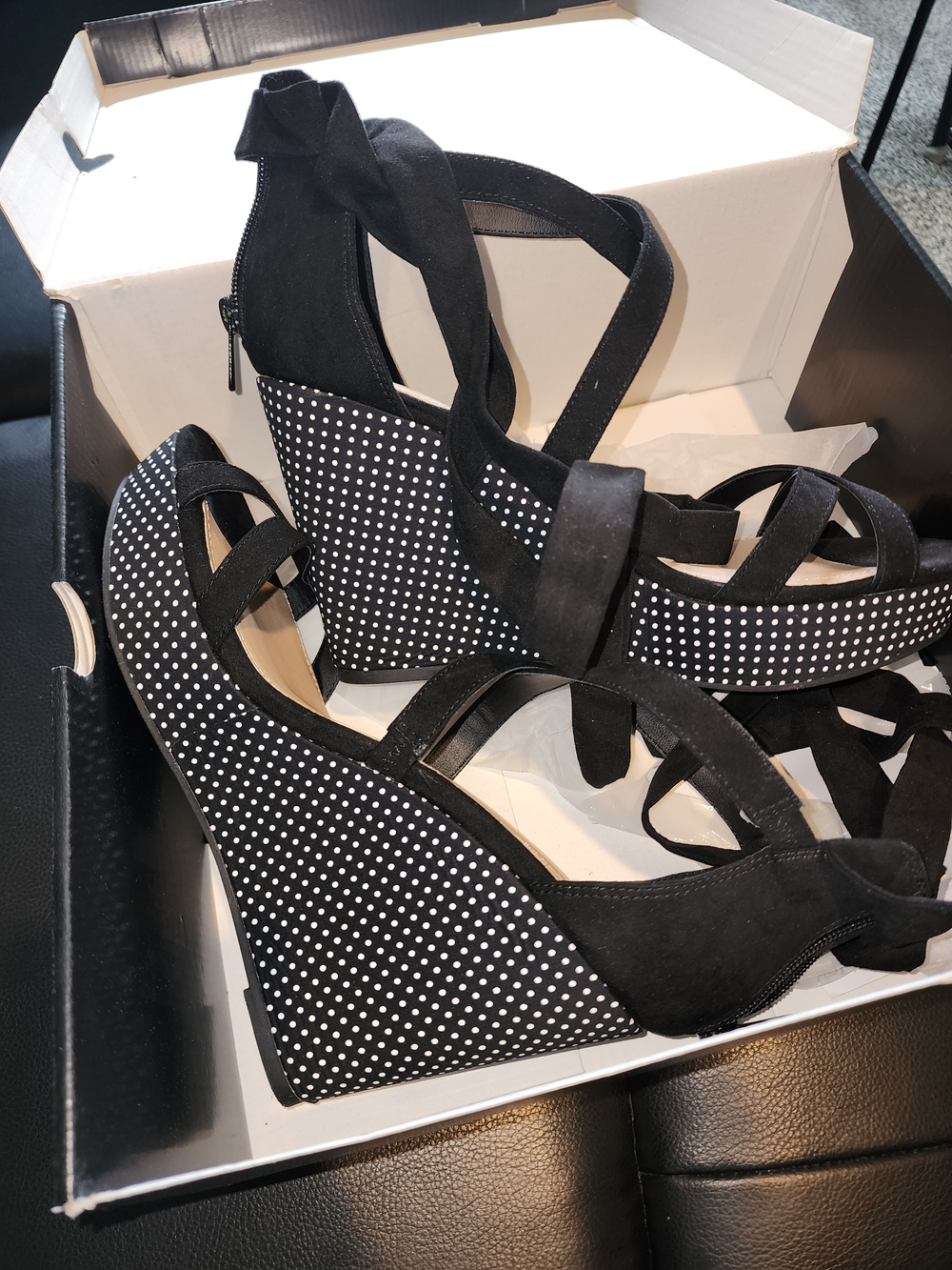 torrid Black and White Polka Dot Wedge Sandals with Ankle Wrap